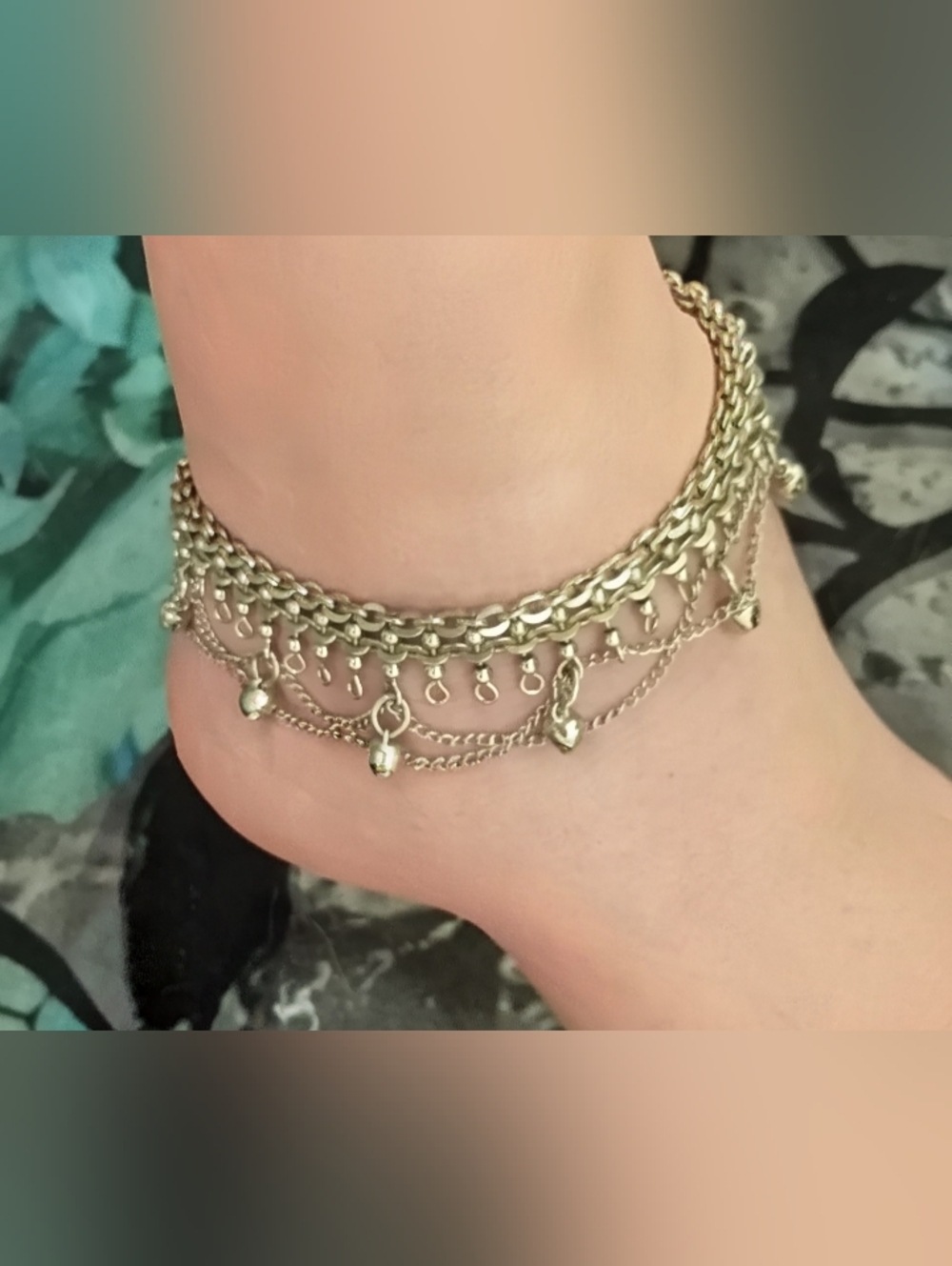 Vtg. Bohemian Tribal Bell Anklet – Layered Silver-Tone Chains – 9" + 1.25" Ext.
